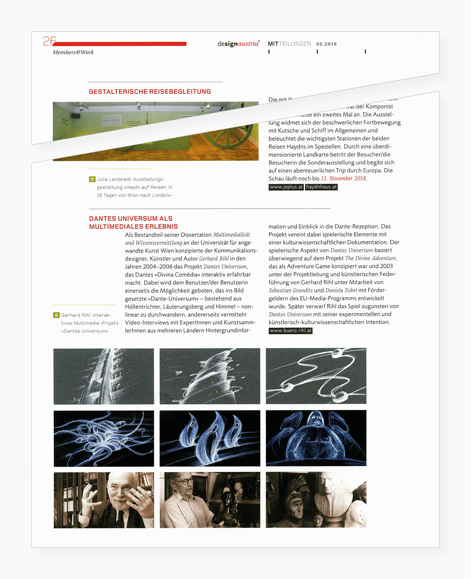 Beitrag über die interaktive Dokumentation "Dantes Universum" im Design Austria Magazin 02/2018