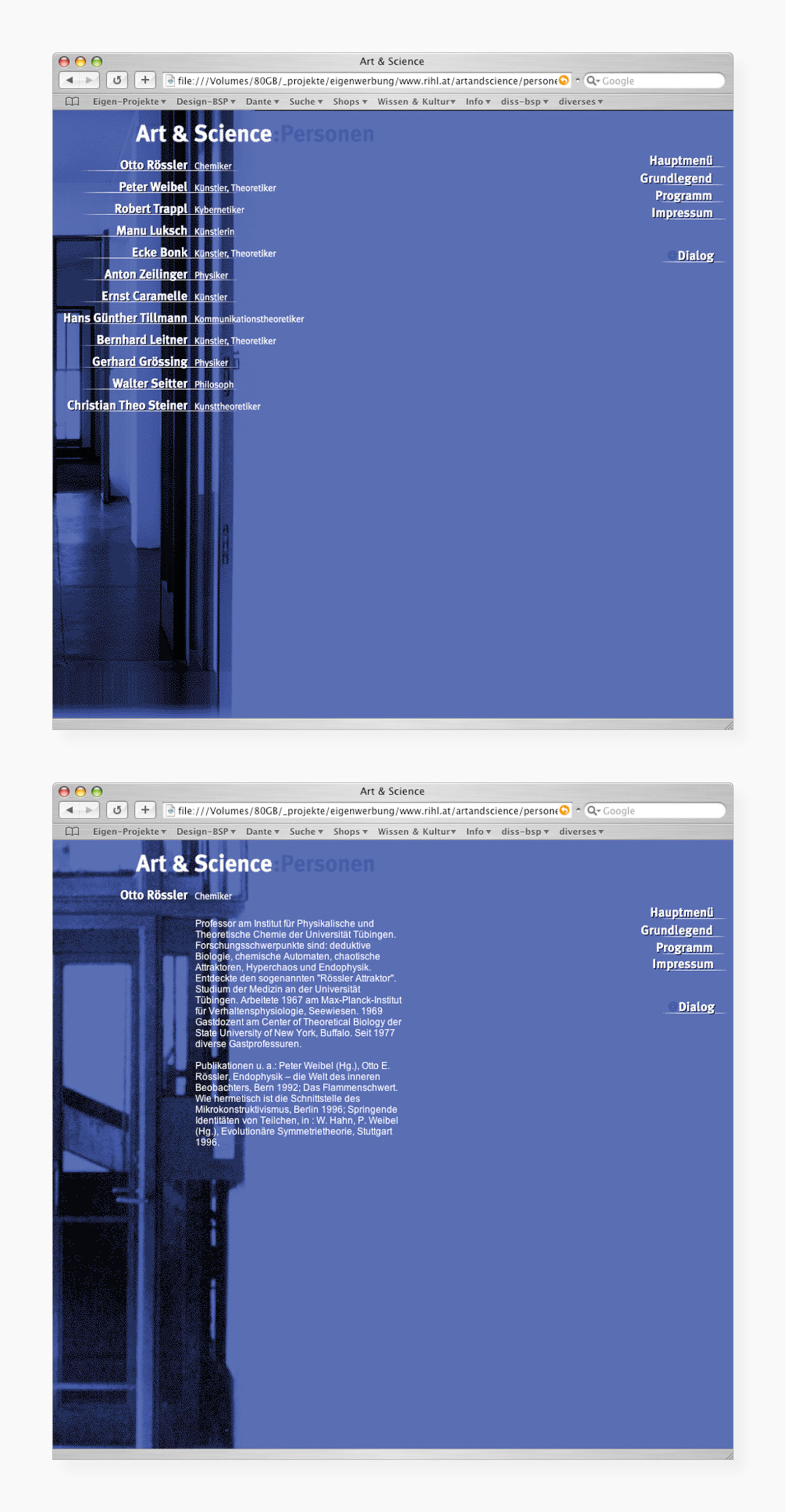 Auswahl von Screens des Webauftrittes (Haupt-Bereich "Personen": Menü, Unter-Bereich "Otto Rössler")
