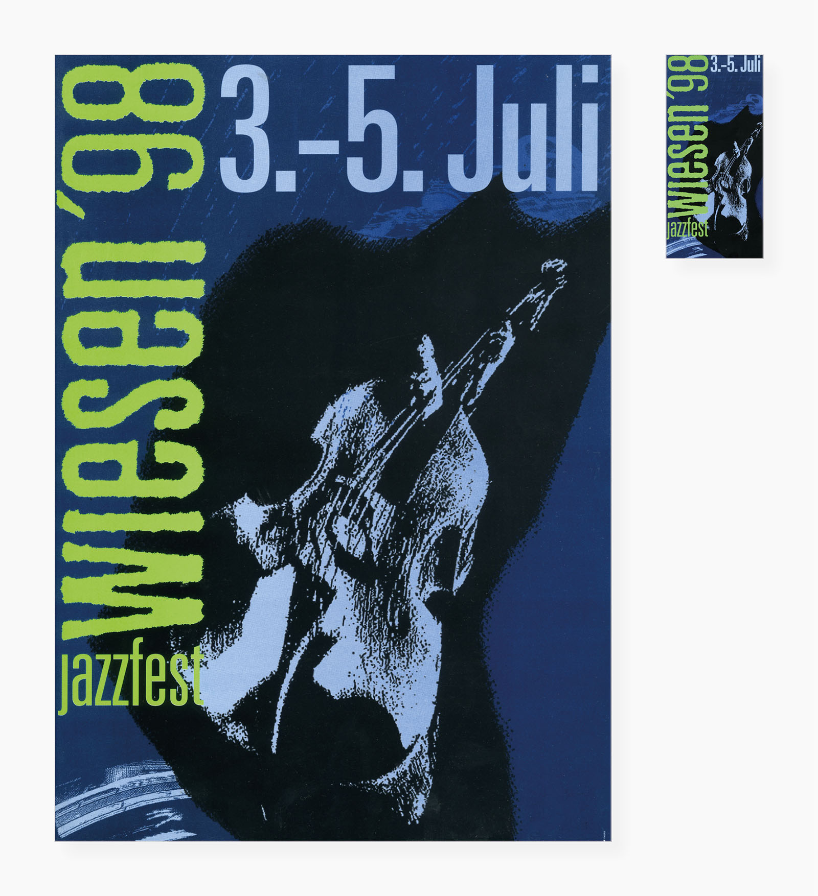 Werbesujet Jazzfest Wiesen 1998 (links Indoor-Plakat, rechts oben Folder, rechts unten Pressemappe)