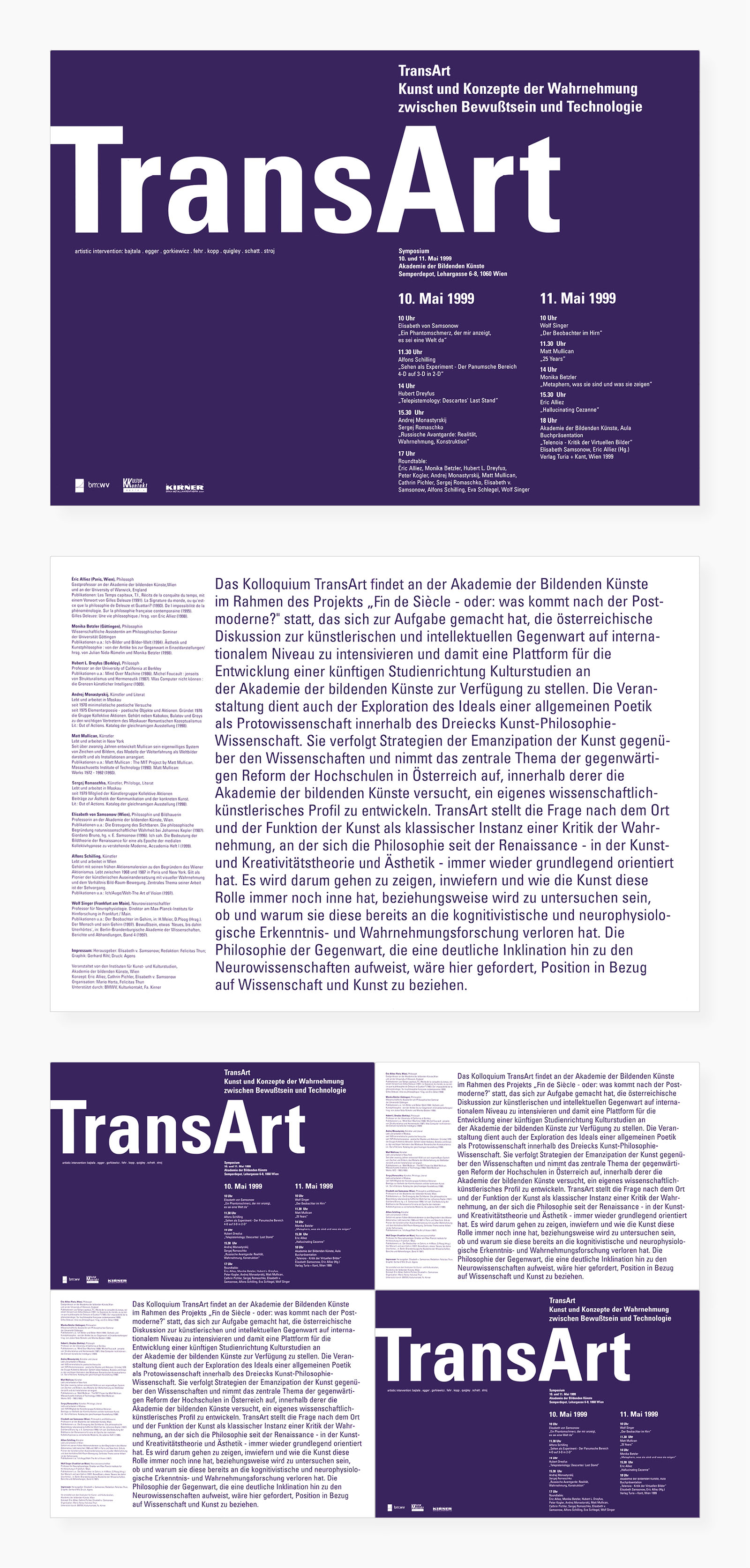 Indoor-Plakat "Trans Art 1999" (Oben: Vorderseite, Mitte: Rückseite mit vertiefenden Informationen, Unten: kombinierte Hängung)
