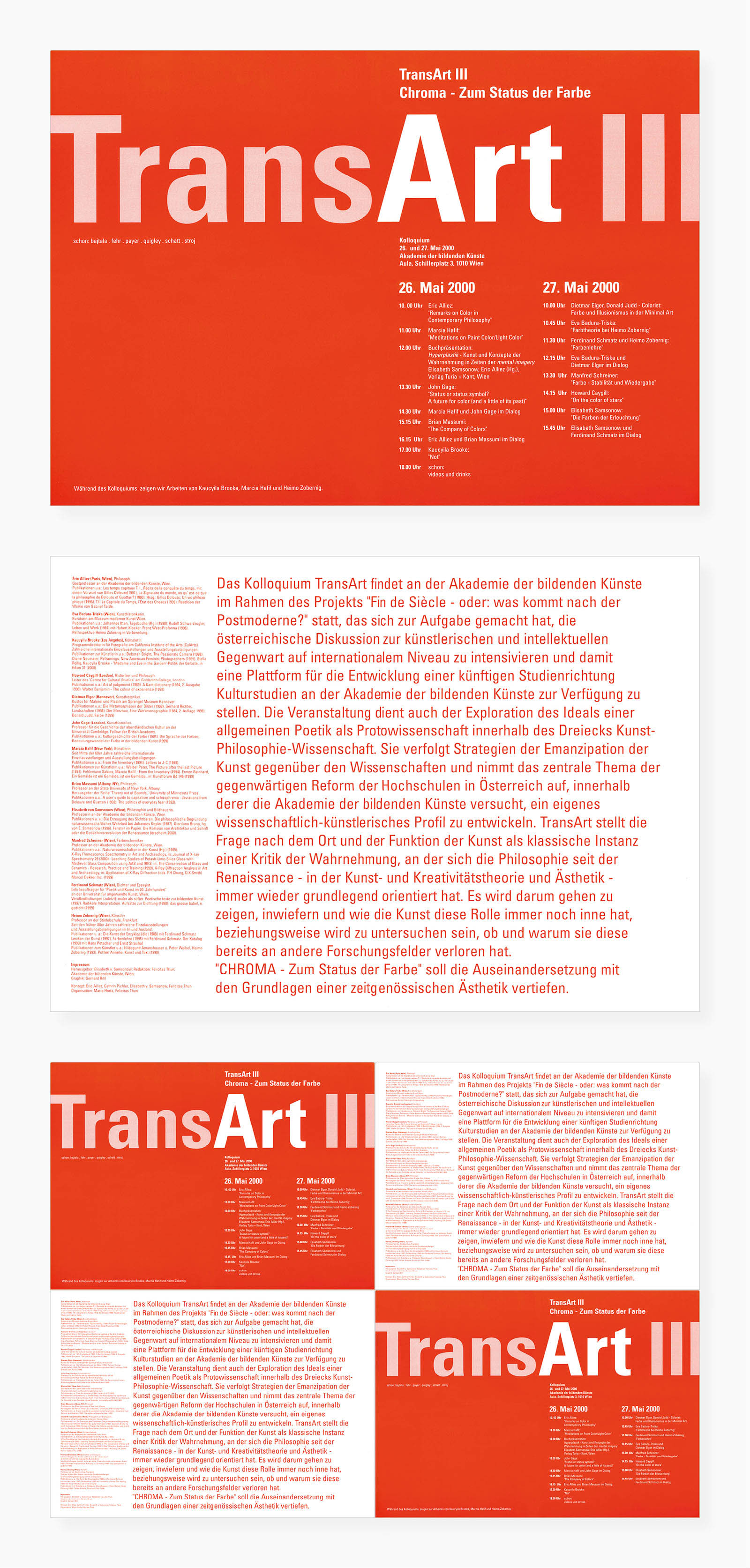 Indoor-Plakat "Trans Art III, 2000" (Oben: Vorderseite, Mitte: Rückseite mit vertiefenden Informationen, Unten: kombinierte Hängung)