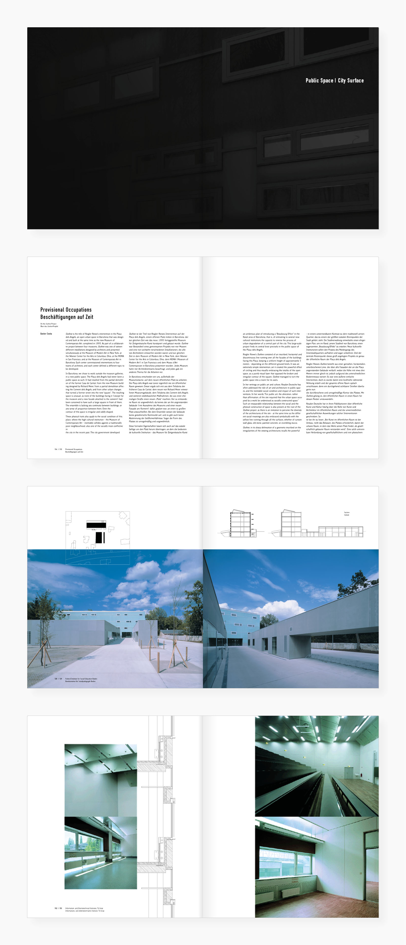 Auswahl von Buchseiten (Cover, Bereiche Flughafen Graz, Stadion Salzburg, Wohnbebauung Hamburg)