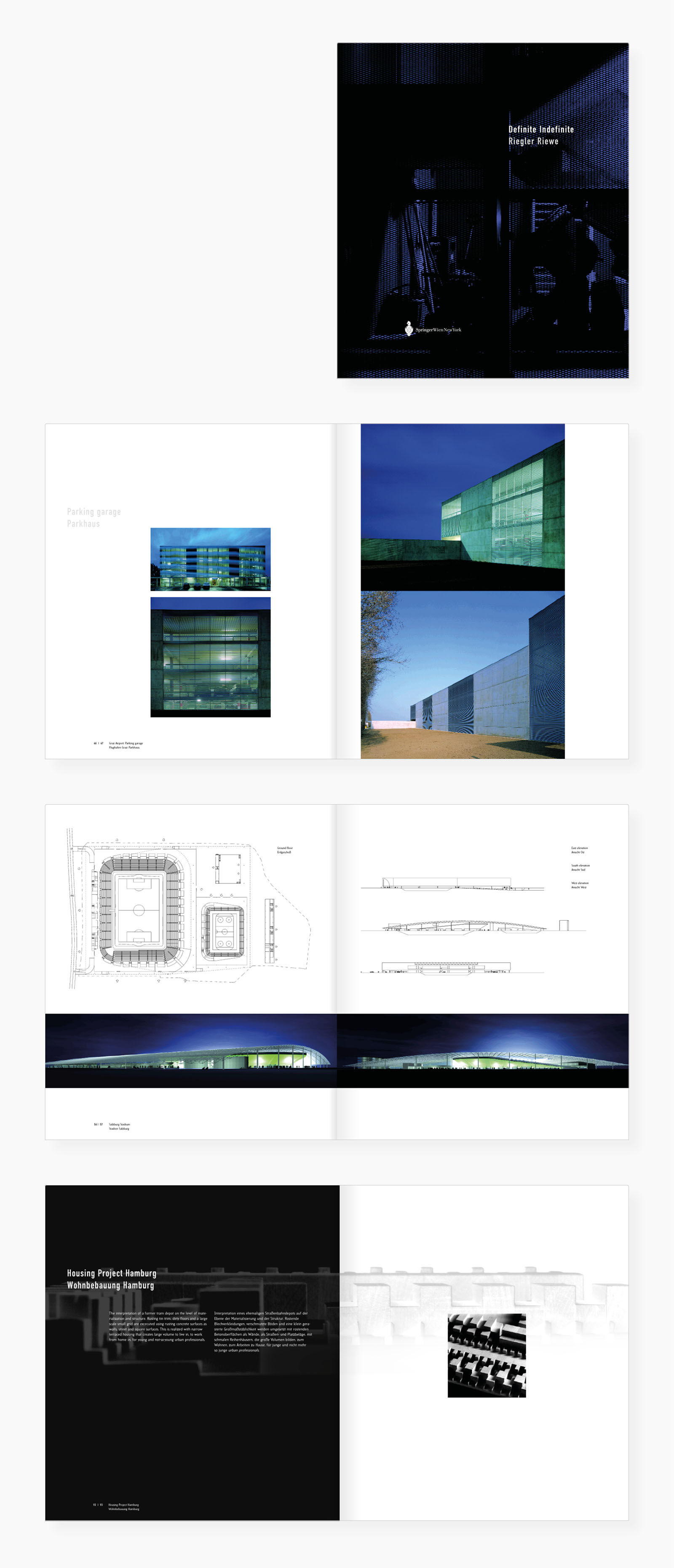 Auswahl von Buchseiten (Cover, Bereiche Flughafen Graz, Stadion Salzburg, Wohnbebauung Hamburg)