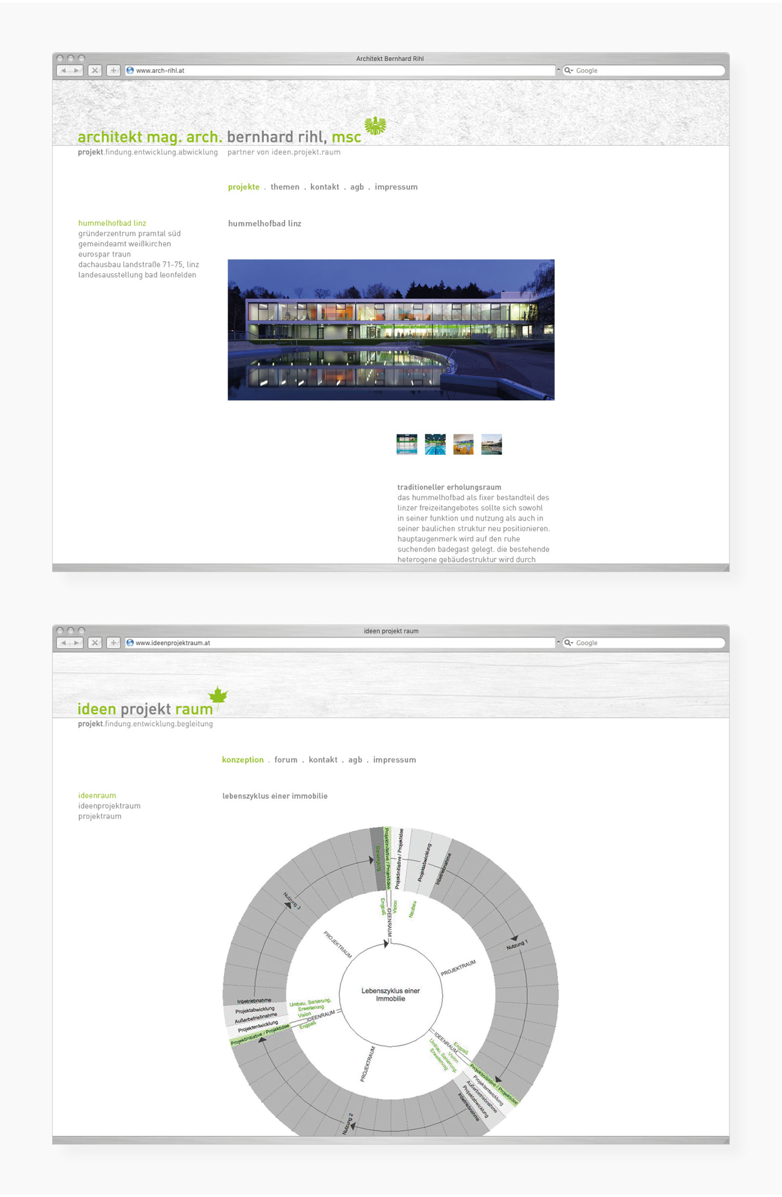 Jeweils ein Screen der Websites von Architekt Berhard Rihl und Ideen Projekt Raum