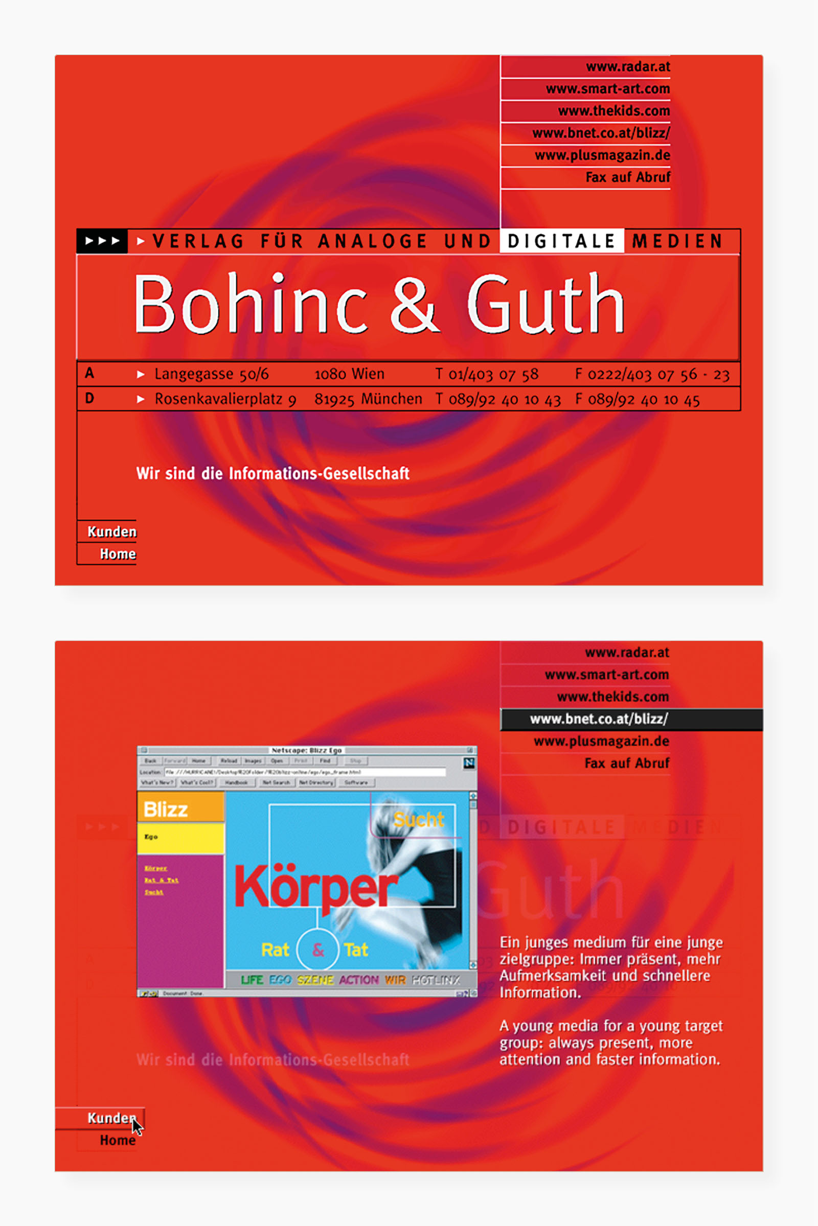 Auswahl von Screens der Portfolio-CD-ROM (Startscreen, Bereich "Blizz Magazin")