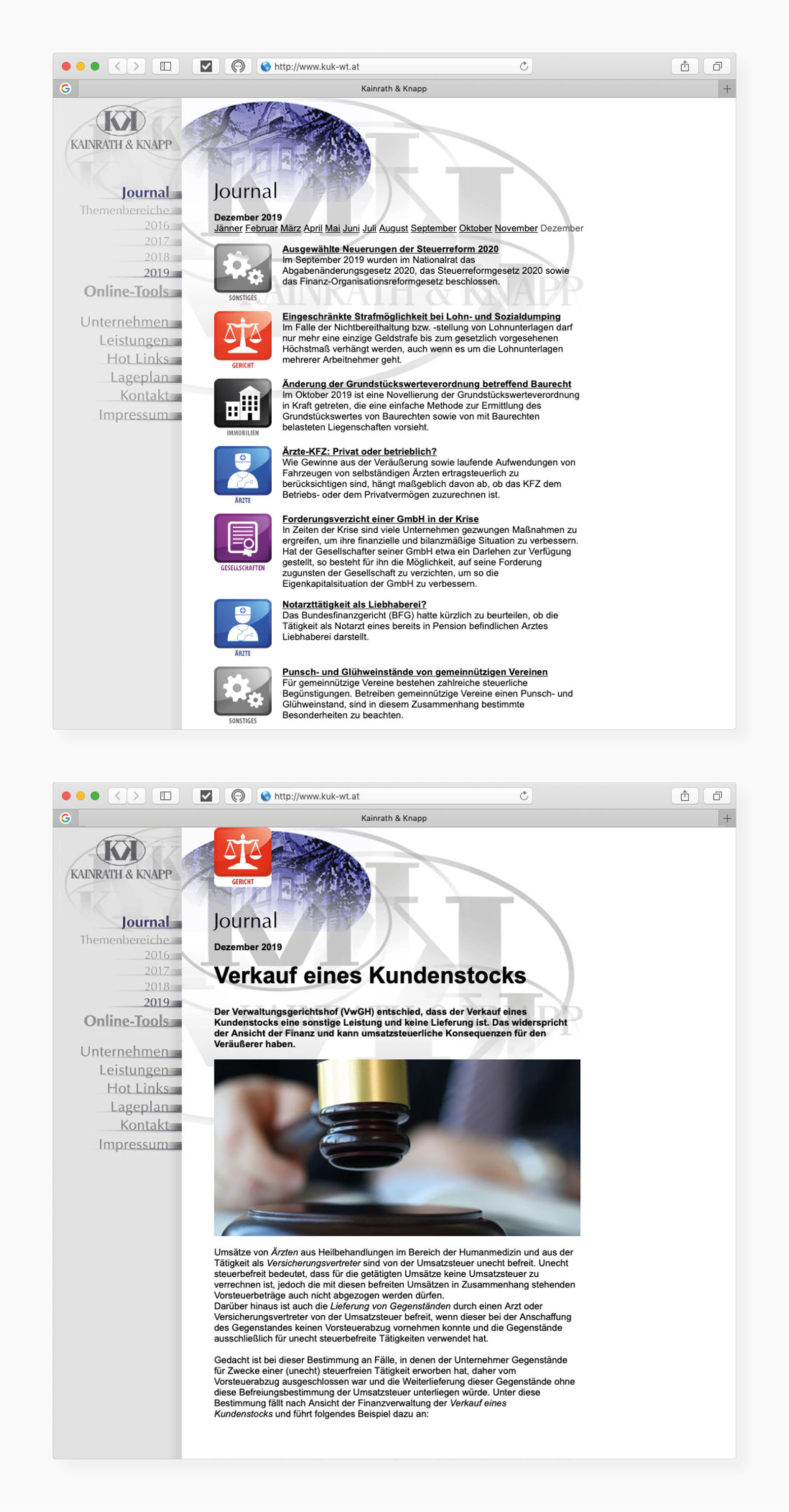 Auswahl von Screens des Web-Journals (oben: Menübereich, unten: Artikel)