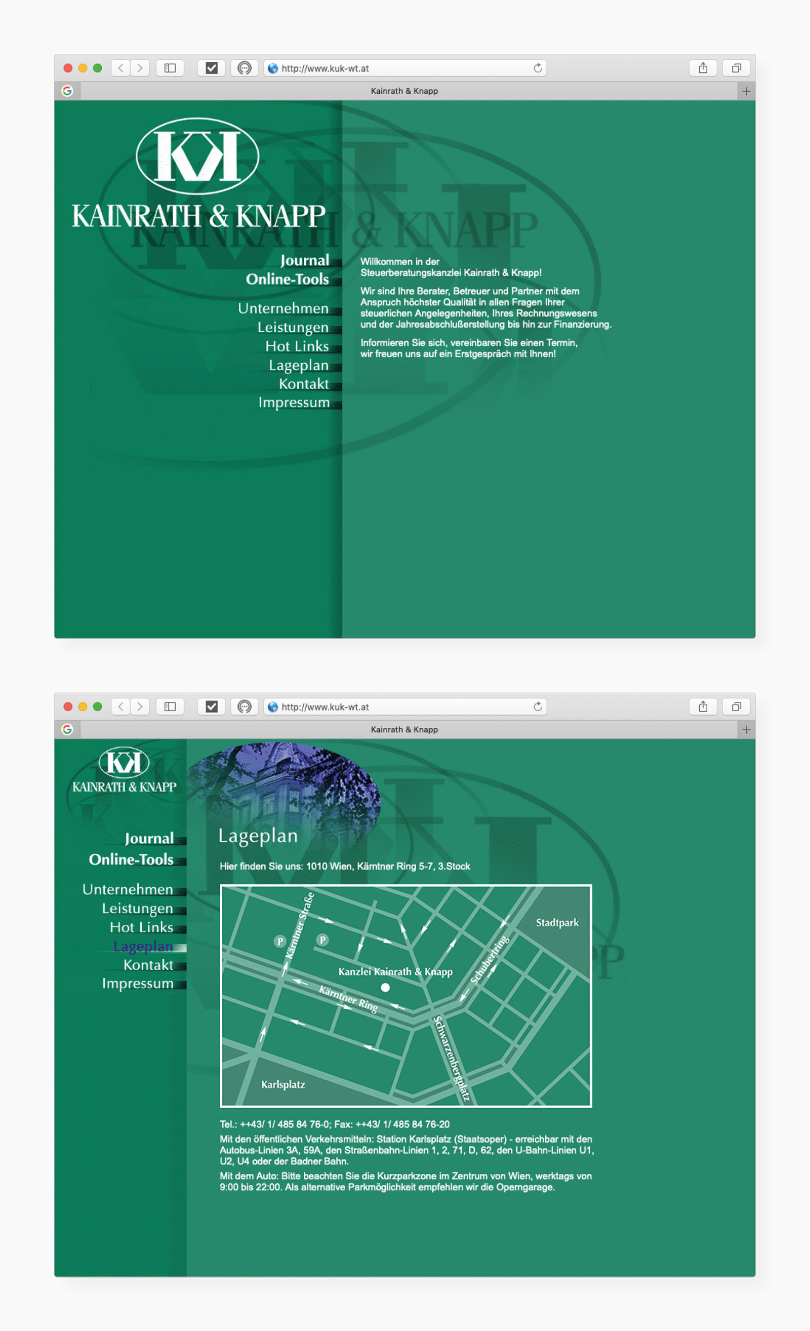 Auswahl von Screens des Netzauftrittes (oben: Homepage, unten: Bereich "Lageplan")