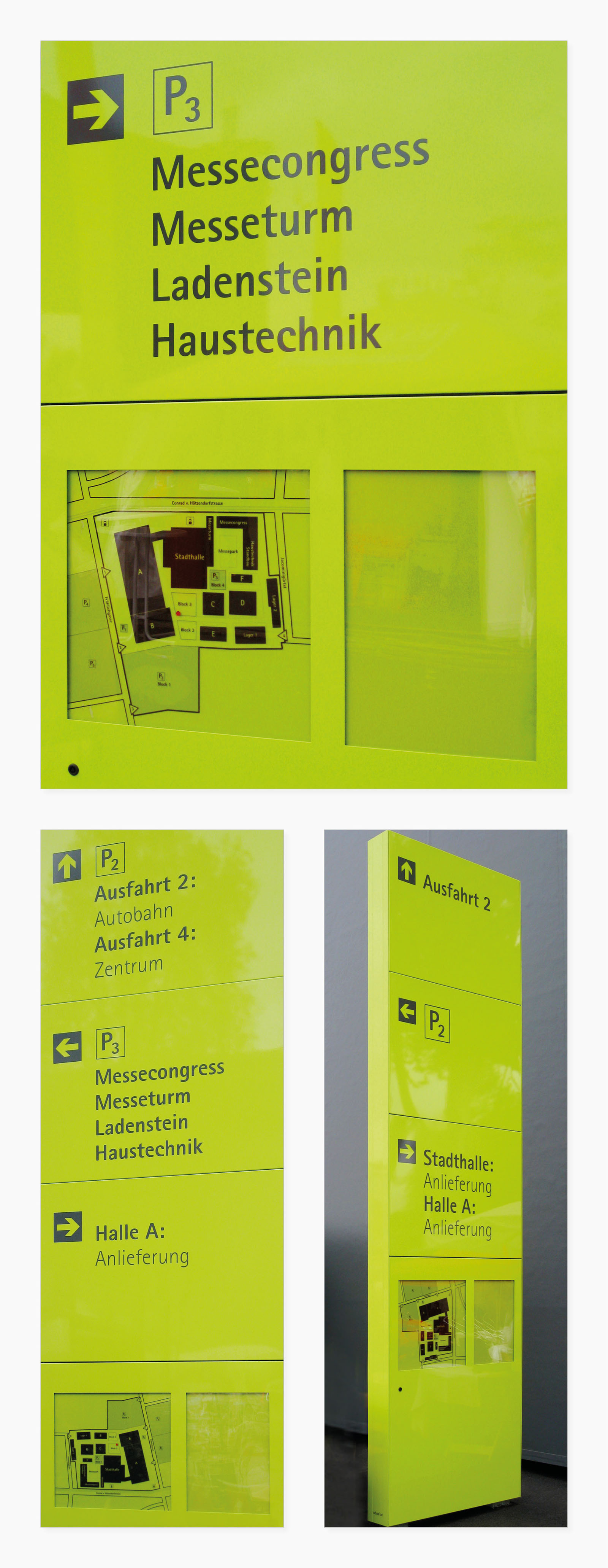 Informations-Elemente im Innenbereich der Halle A – Details (Ausleger-Element "Garderobe", Hänge-Element im Foyer Nord)