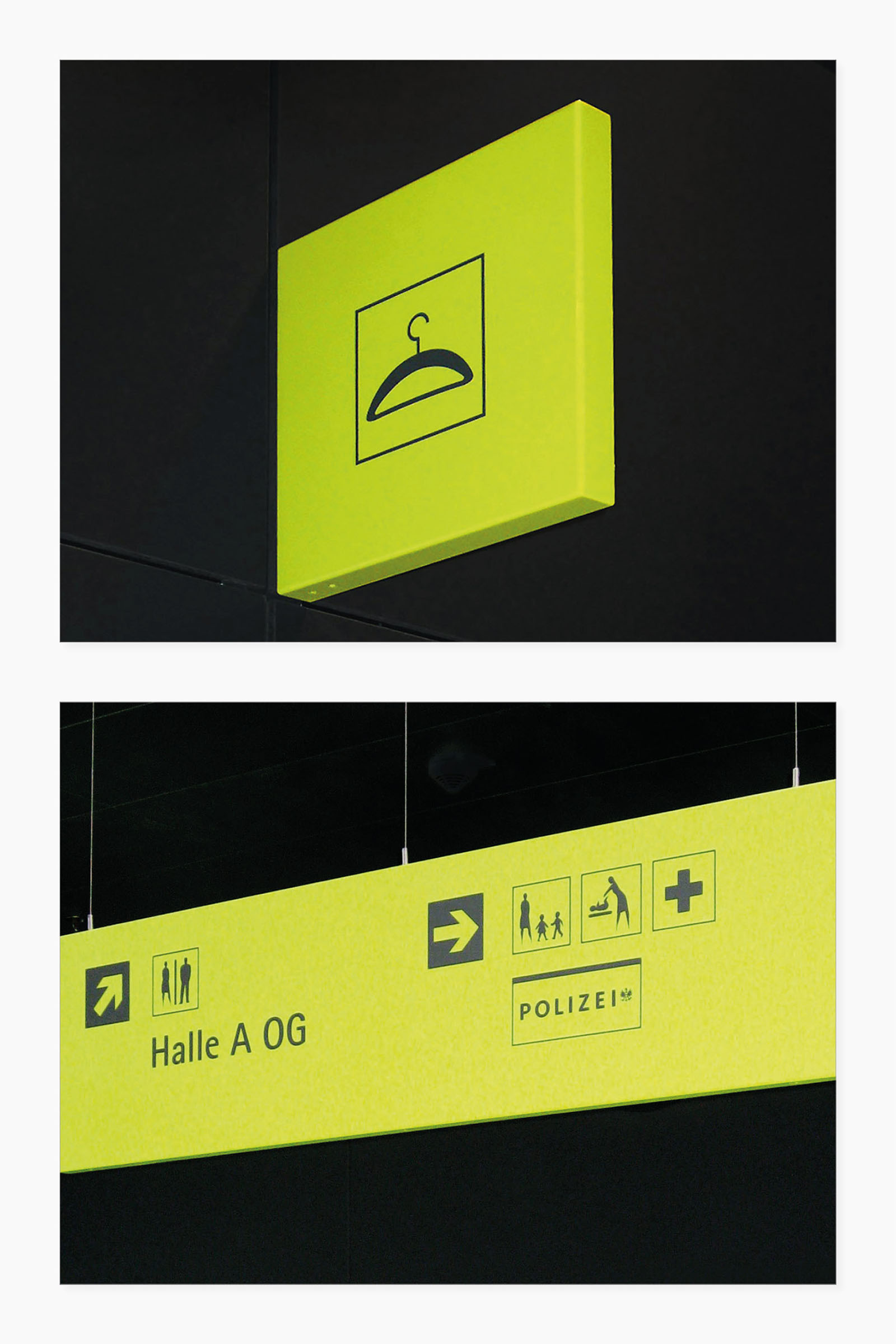Informations-Elemente im Innenbereich der Halle A – Details (Ausleger-Element "Garderobe", Hänge-Element im Foyer Nord)