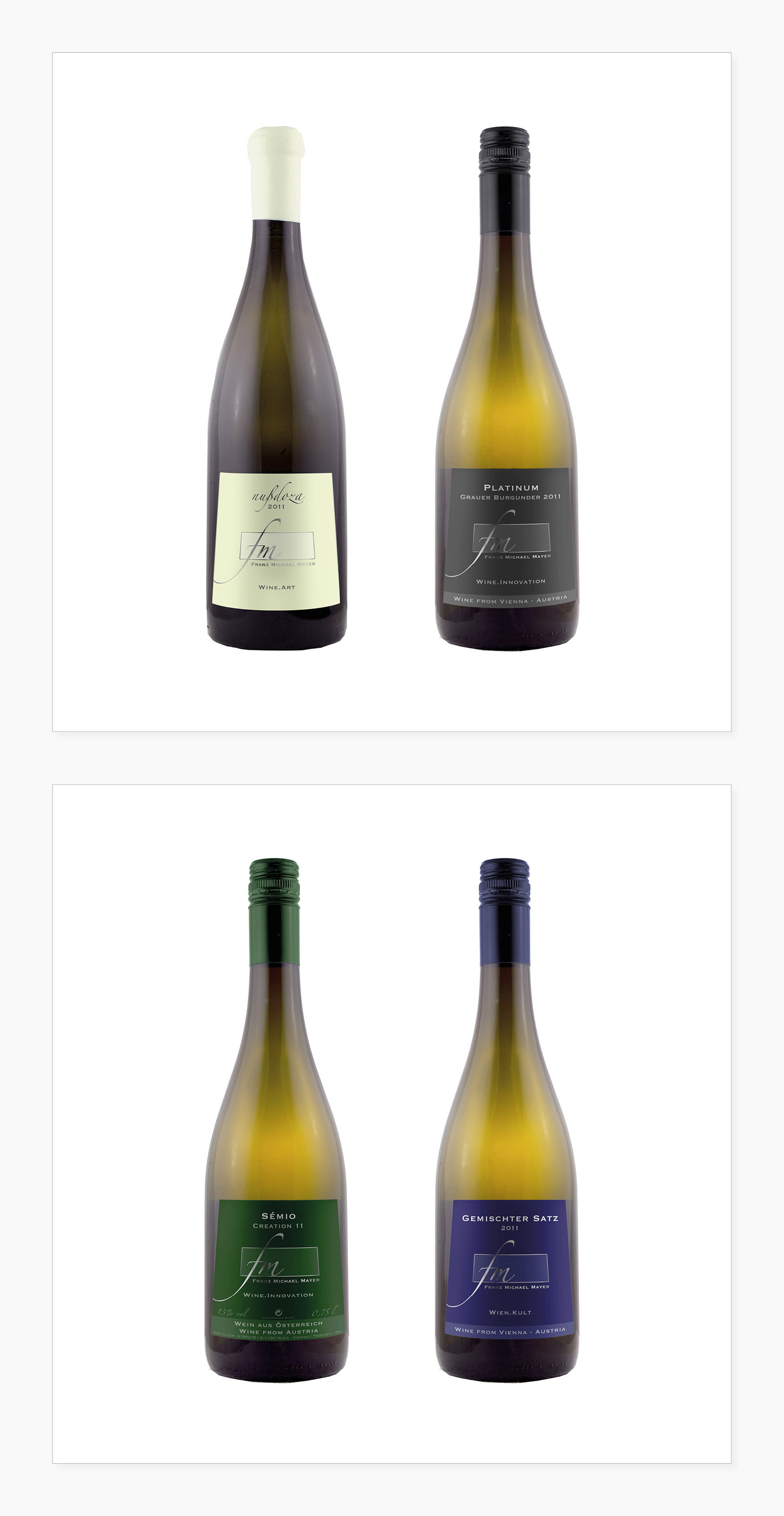 Weinetiketten (Nußdoza: Kategorie "Wine.Art", Platinum: Kategorie "Wine.Innovation", Semio: Kategorie "Wine.Innovation", Gemischter Satz: Kategorie "Wien Kult")
